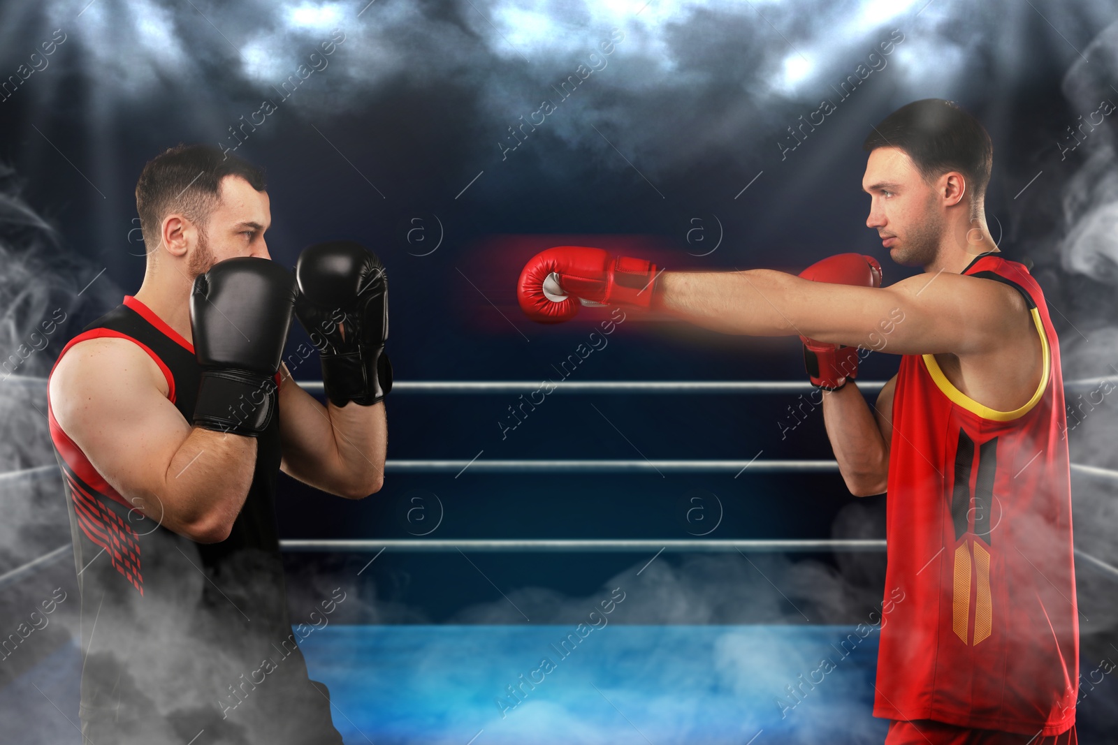Boxers surrounded by smoke fighting in ring. Sporting event Image of Boxers surrounded by smoke fighting in ring. Sporting event