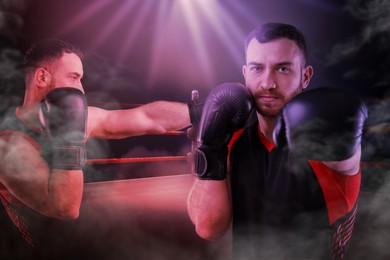Image of Boxer surrounded by smoke in ring, double exposure. Sporting event