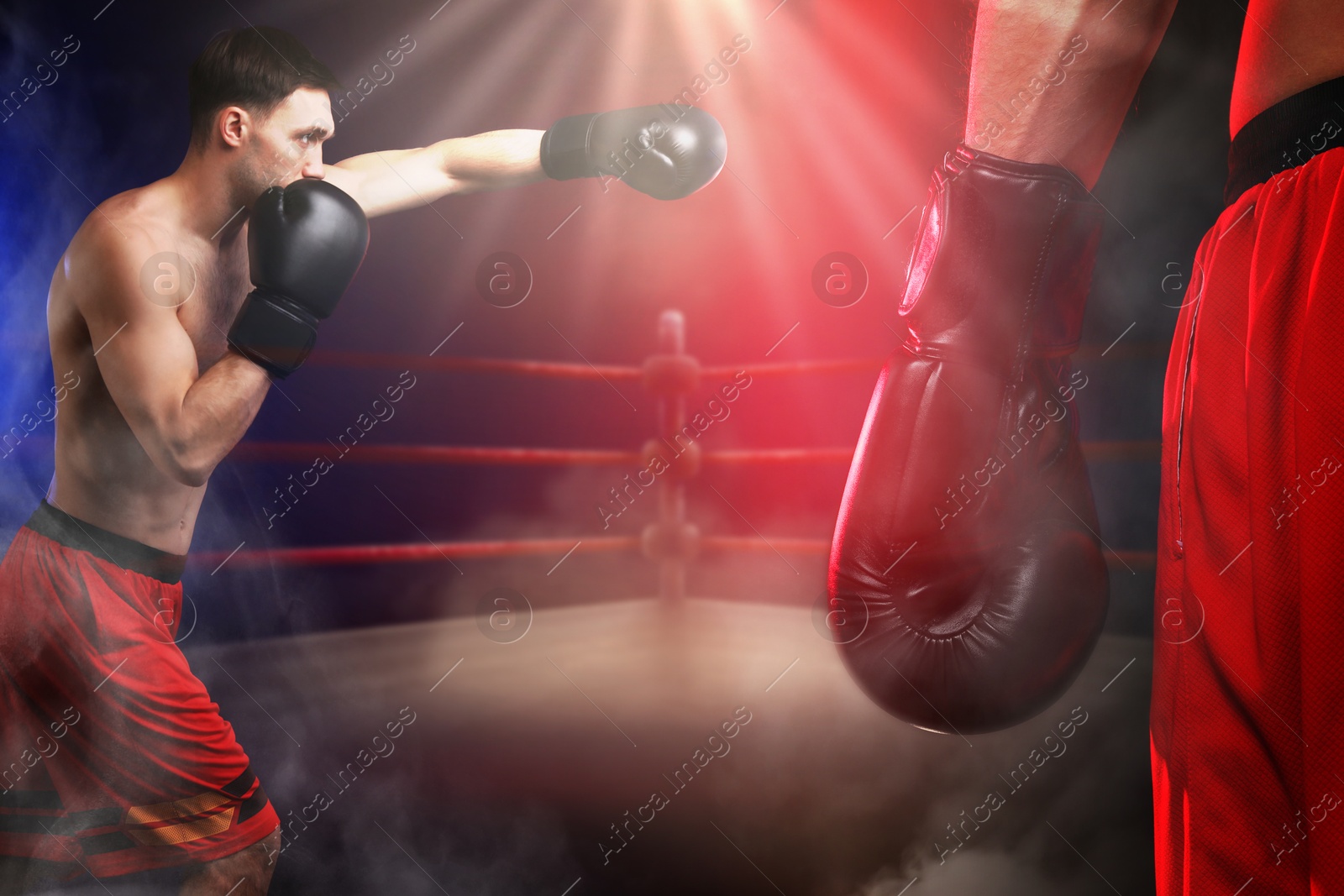 Boxer surrounded by smoke in ring, double exposure. Sporting event Image of Boxer surrounded by smoke in ring, double exposure. Sporting event