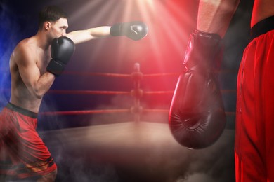 Image of Boxer surrounded by smoke in ring, double exposure. Sporting event