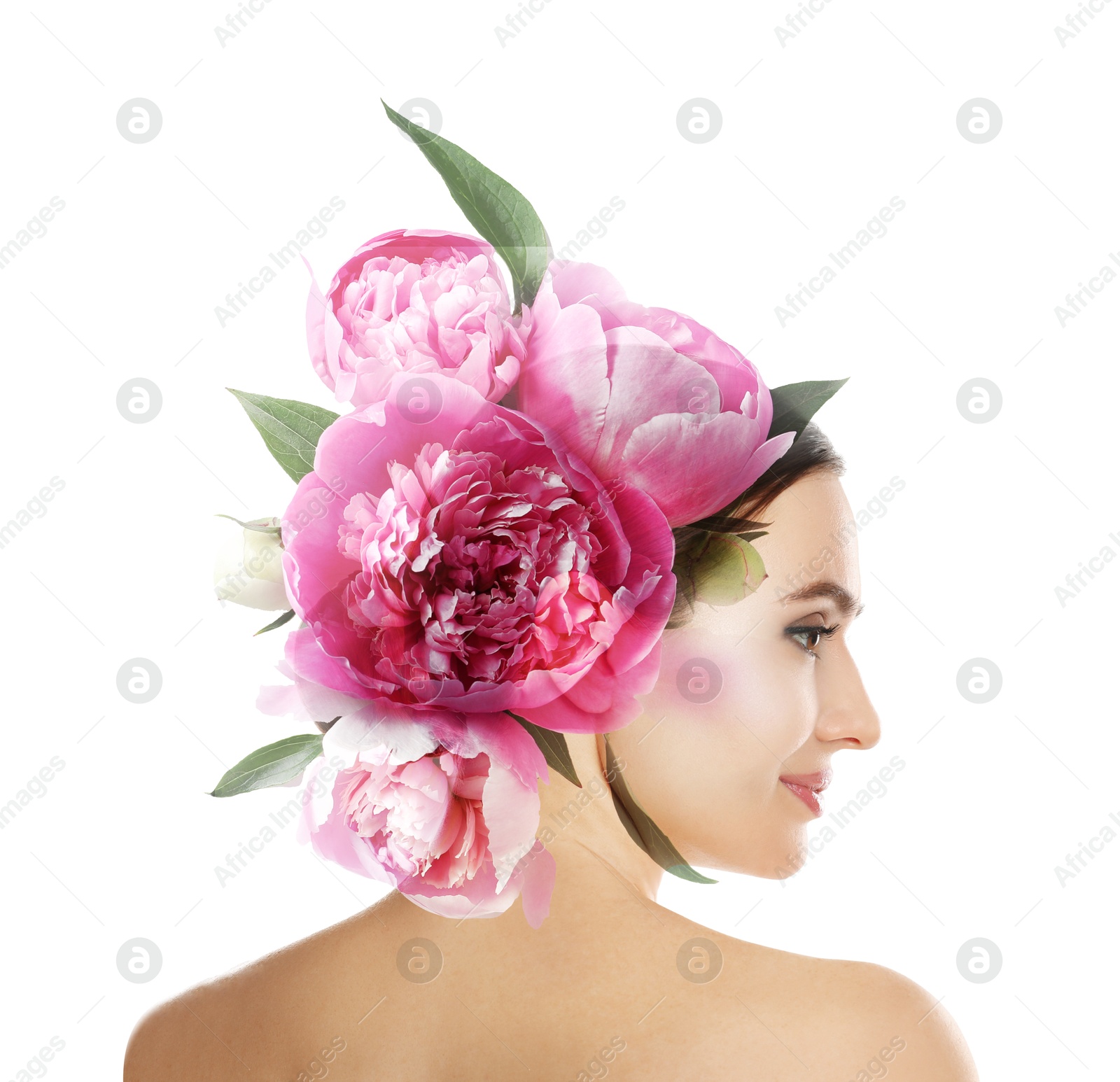 Attractive woman and pink peony flowers on white background, double exposure Image of Attractive woman and pink peony flowers on white background, double exposure