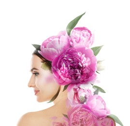 Image of Attractive woman and pink peony flowers on white background, double exposure