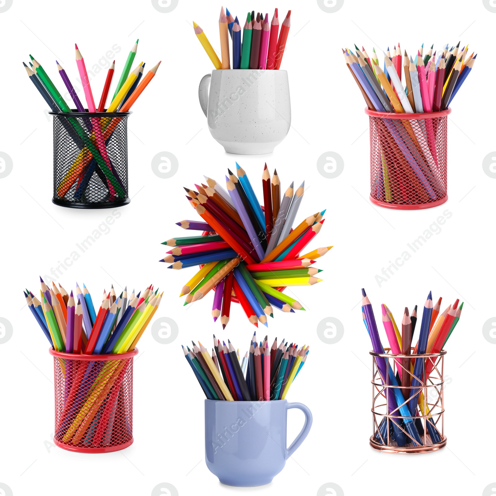 Colorful pencils in different holders isolated on white, set Image of Colorful pencils in different holders isolated on white, set