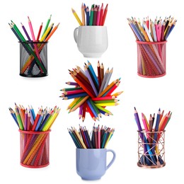 Image of Colorful pencils in different holders isolated on white, set