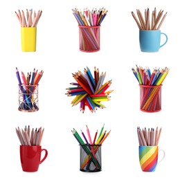 Image of Colorful pencils in different holders isolated on white, set