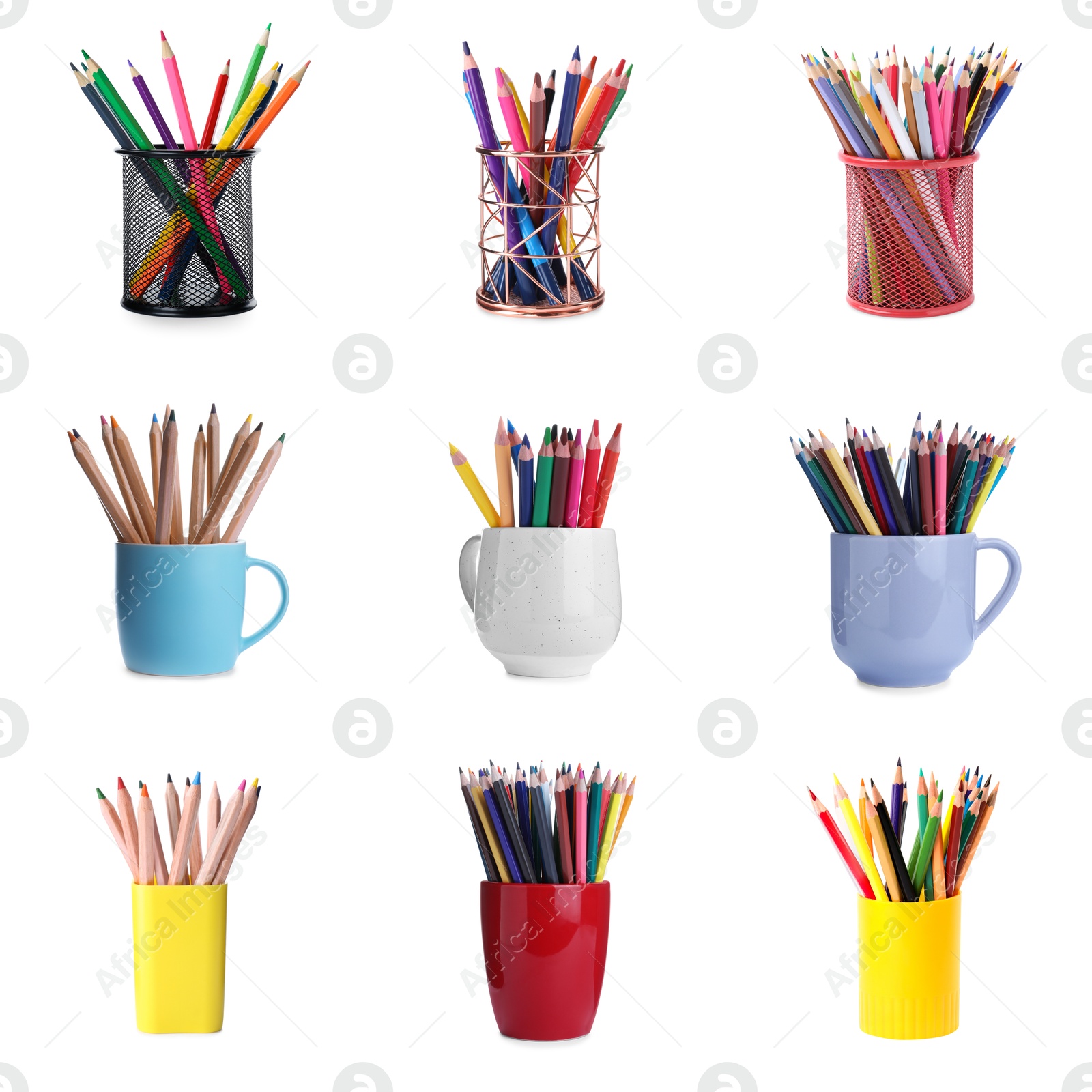 Colorful pencils in different holders isolated on white, set Image of Colorful pencils in different holders isolated on white, set