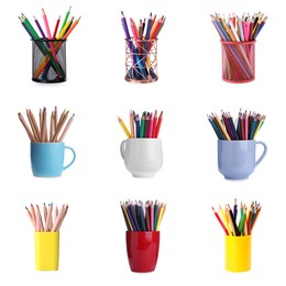 Image of Colorful pencils in different holders isolated on white, set