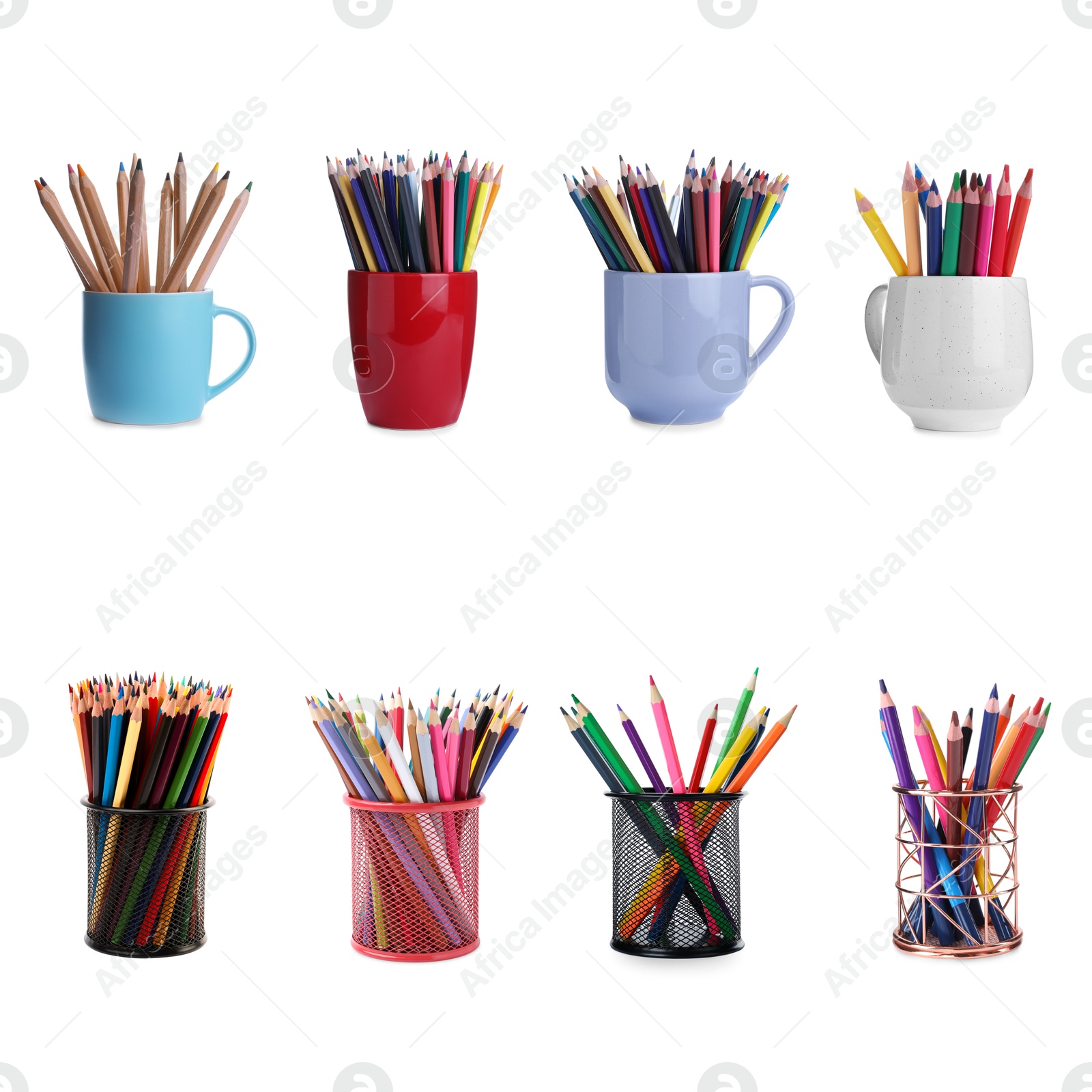 Colorful pencils in different holders isolated on white, set Image of Colorful pencils in different holders isolated on white, set