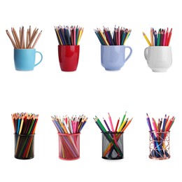 Image of Colorful pencils in different holders isolated on white, set