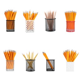 Image of Pencils in different holders isolated on white, set