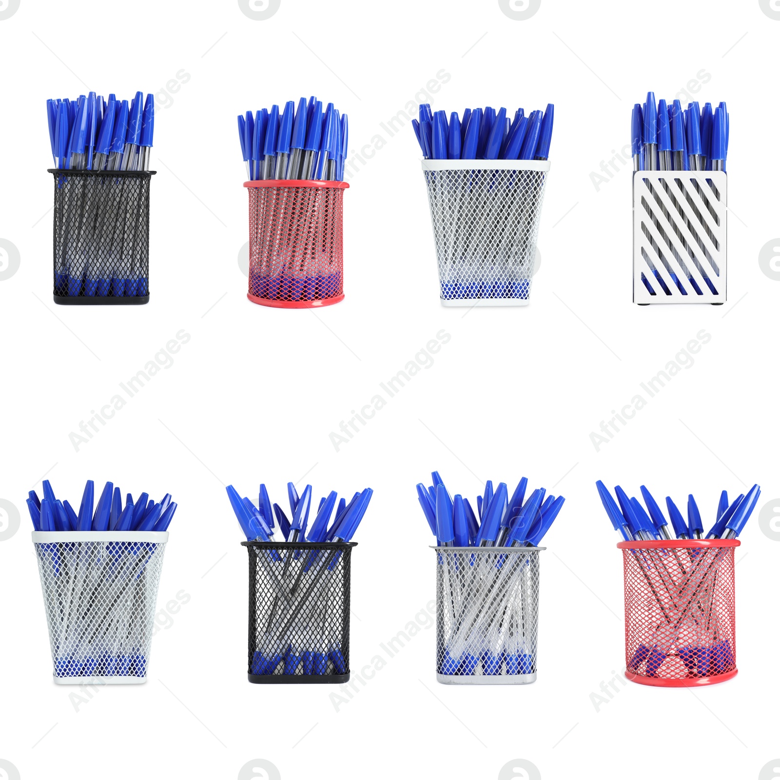 Pens in different holders isolated on white, set Image of Pens in different holders isolated on white, set