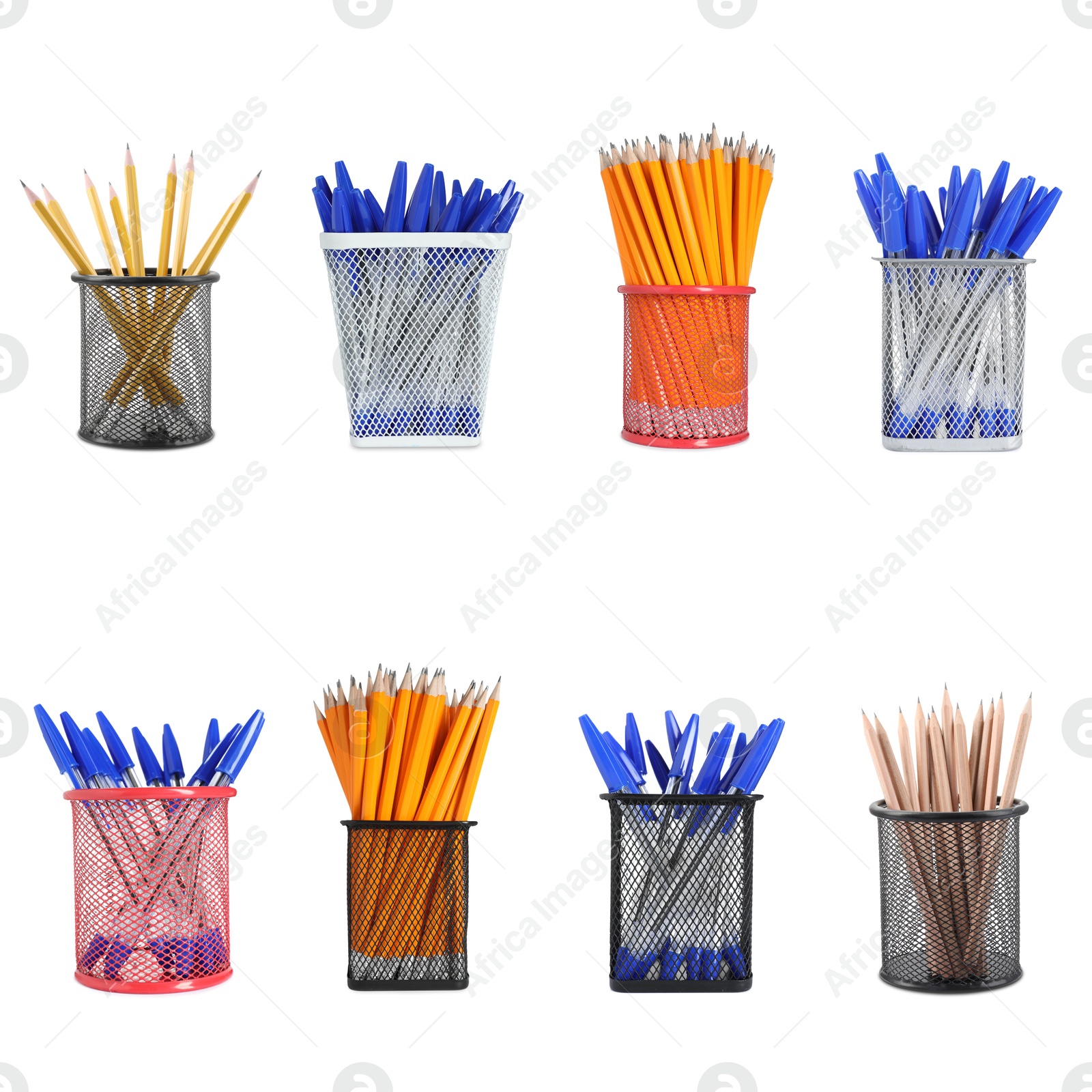 Pencils and pens in different holders isolated on white, set Image of Pencils and pens in different holders isolated on white, set