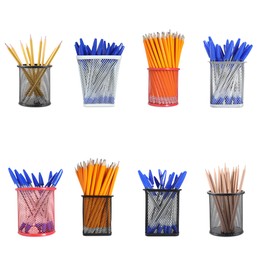 Image of Pencils and pens in different holders isolated on white, set