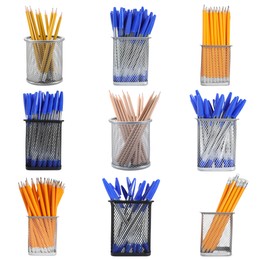 Image of Pencils and pens in different holders isolated on white, set