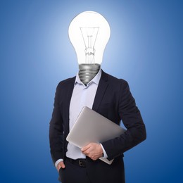 Image of Man with glowing light bulb instead of head and laptop on blue background