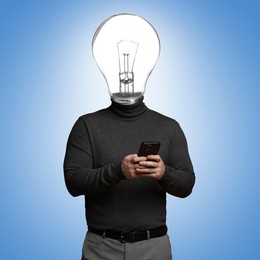 Image of Man with glowing light bulb instead of head and smartphone on light blue background