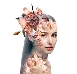 Image of Attractive woman and peony flowers on white background, double exposure