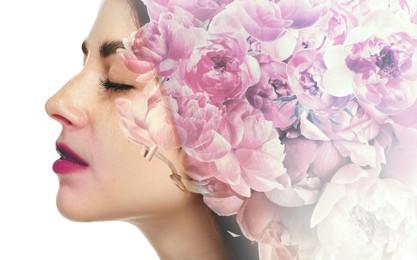 Image of Attractive woman and pink peony flowers on white background, double exposure