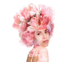 Image of Attractive woman and peony flowers on white background, double exposure