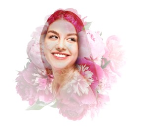 Image of Attractive young woman and pink peony flowers on white background, double exposure