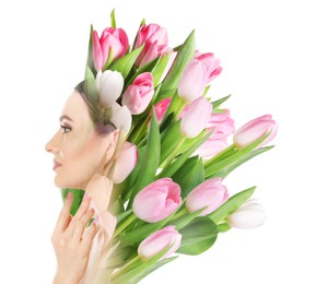 Image of Attractive woman and pink tulips on white background, double exposure