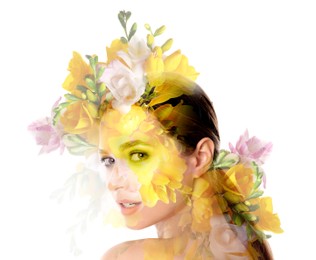 Image of Attractive young woman and colorful freesia flowers on white background, double exposure