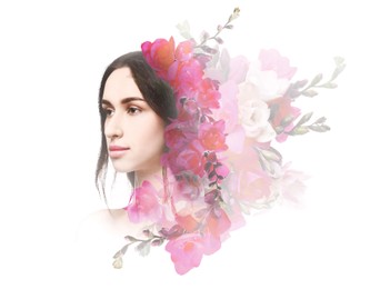 Image of Attractive young woman and freesia flowers on white background, double exposure