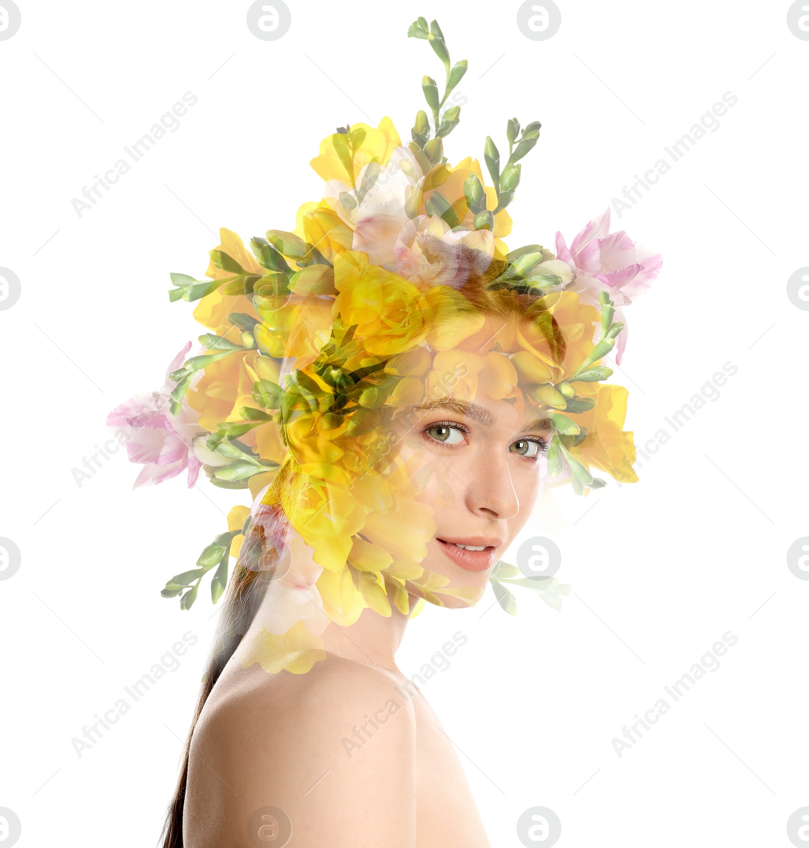 Attractive young woman and colorful freesia flowers on white background, double exposure Image of Attractive young woman and colorful freesia flowers on white background, double exposure