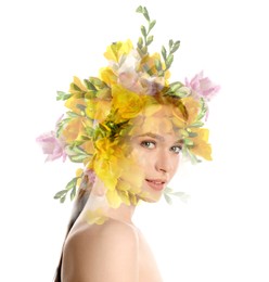 Image of Attractive young woman and colorful freesia flowers on white background, double exposure