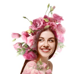 Image of Attractive young woman and pink eustoma flowers on white background, double exposure