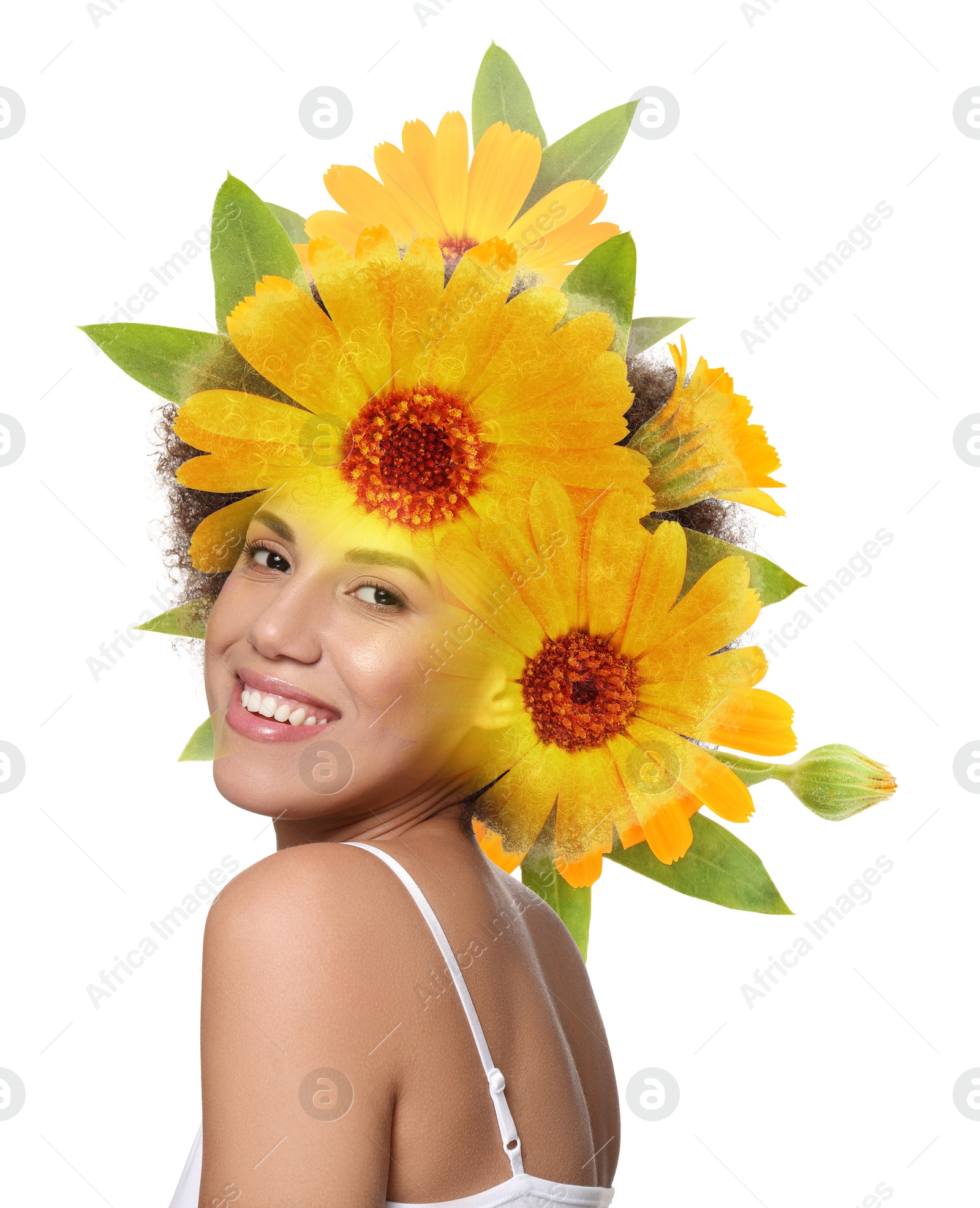 Attractive woman and calendula flowers on white background, double exposure Image of Attractive woman and calendula flowers on white background, double exposure