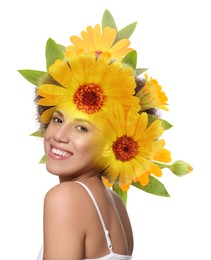 Image of Attractive woman and calendula flowers on white background, double exposure