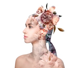 Image of Attractive woman and peony flowers on white background, double exposure
