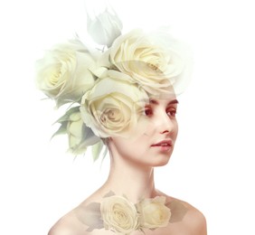 Image of Attractive woman and beautiful roses on white background, double exposure