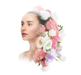 Image of Attractive woman and different flowers on white background, double exposure
