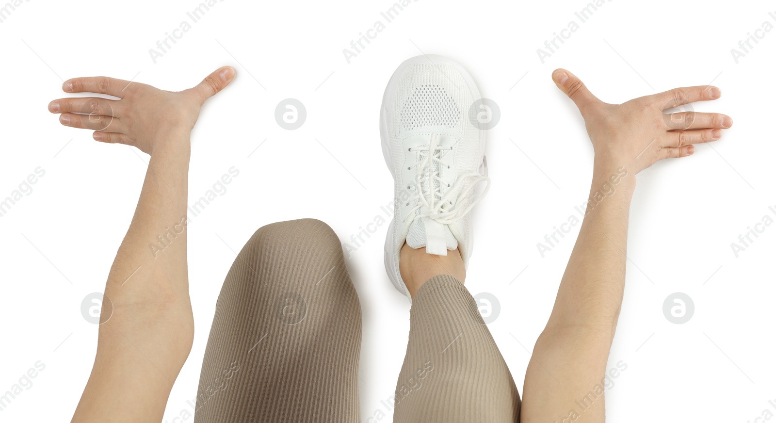 Runner in starting position on white background, top view Photo of Runner in starting position on white background, top view