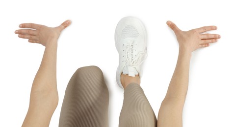 Photo of Runner in starting position on white background, top view