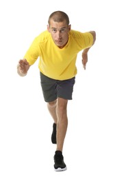 Photo of Man in sportswear running on white background