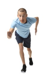 Photo of Man in sportswear running on white background