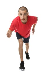 Photo of Man in sportswear running on white background
