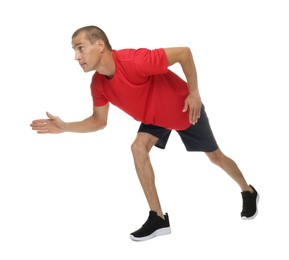 Photo of Man in sportswear running on white background