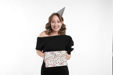 Photo of Birthday celebration. Woman with gift on white background