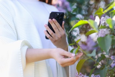 Photo of Woman using plant recognition application on smartphone outdoors, closeup