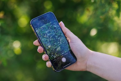 Photo of Woman using plant recognition application on smartphone outdoors, closeup