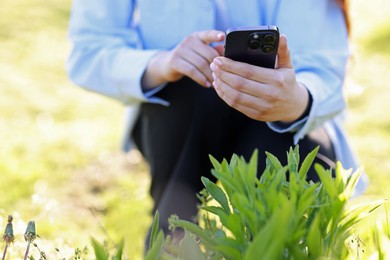 Photo of Woman using plant recognition application on smartphone outdoors on sunny day, closeup
