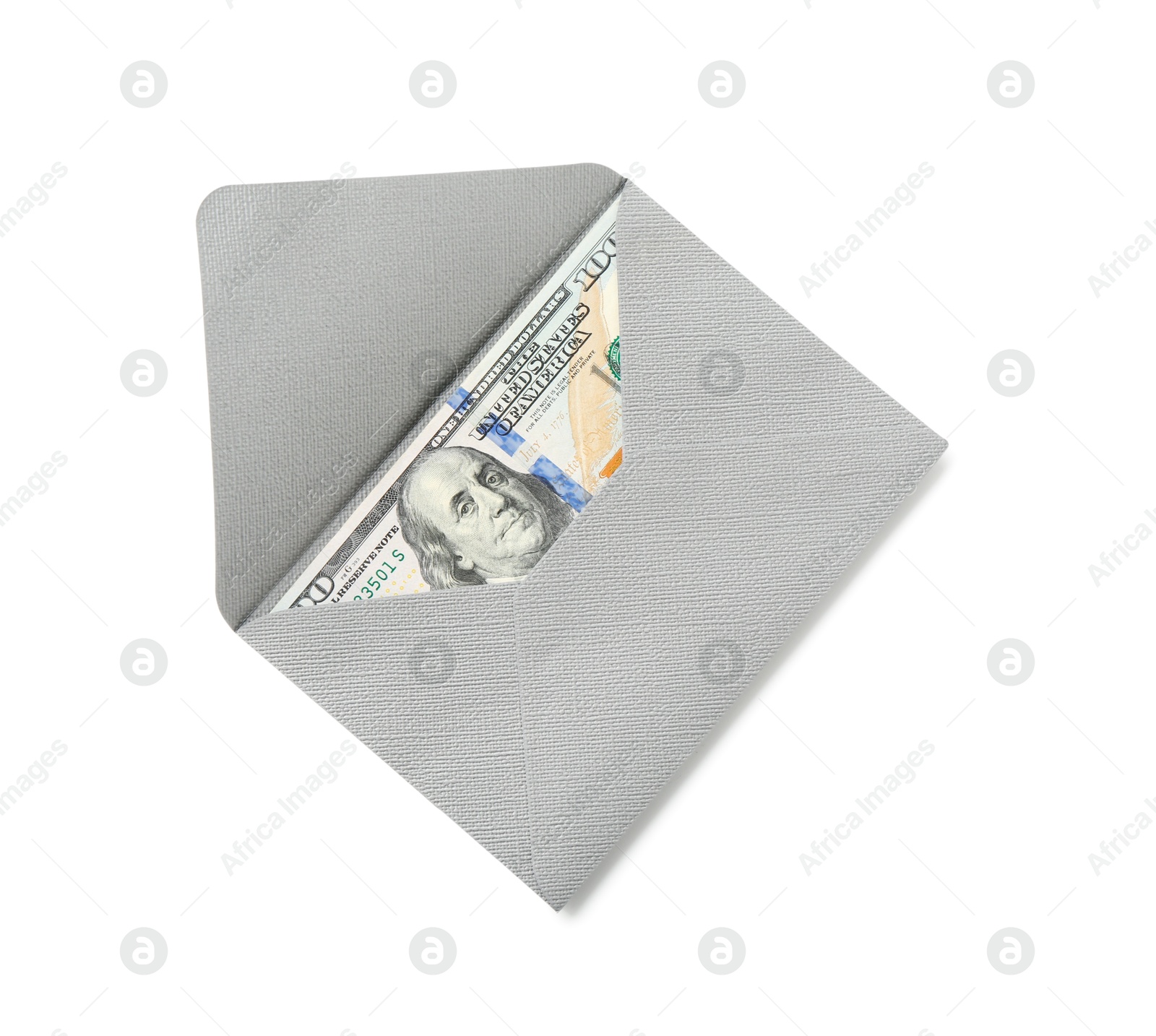 Money bonus. Envelope with dollar banknotes isolated on white, top view Photo of Money bonus. Envelope with dollar banknotes isolated on white, top view