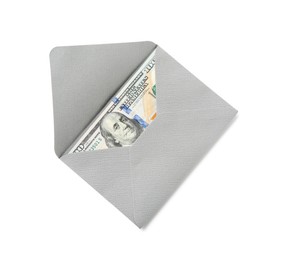 Photo of Money bonus. Envelope with dollar banknotes isolated on white, top view