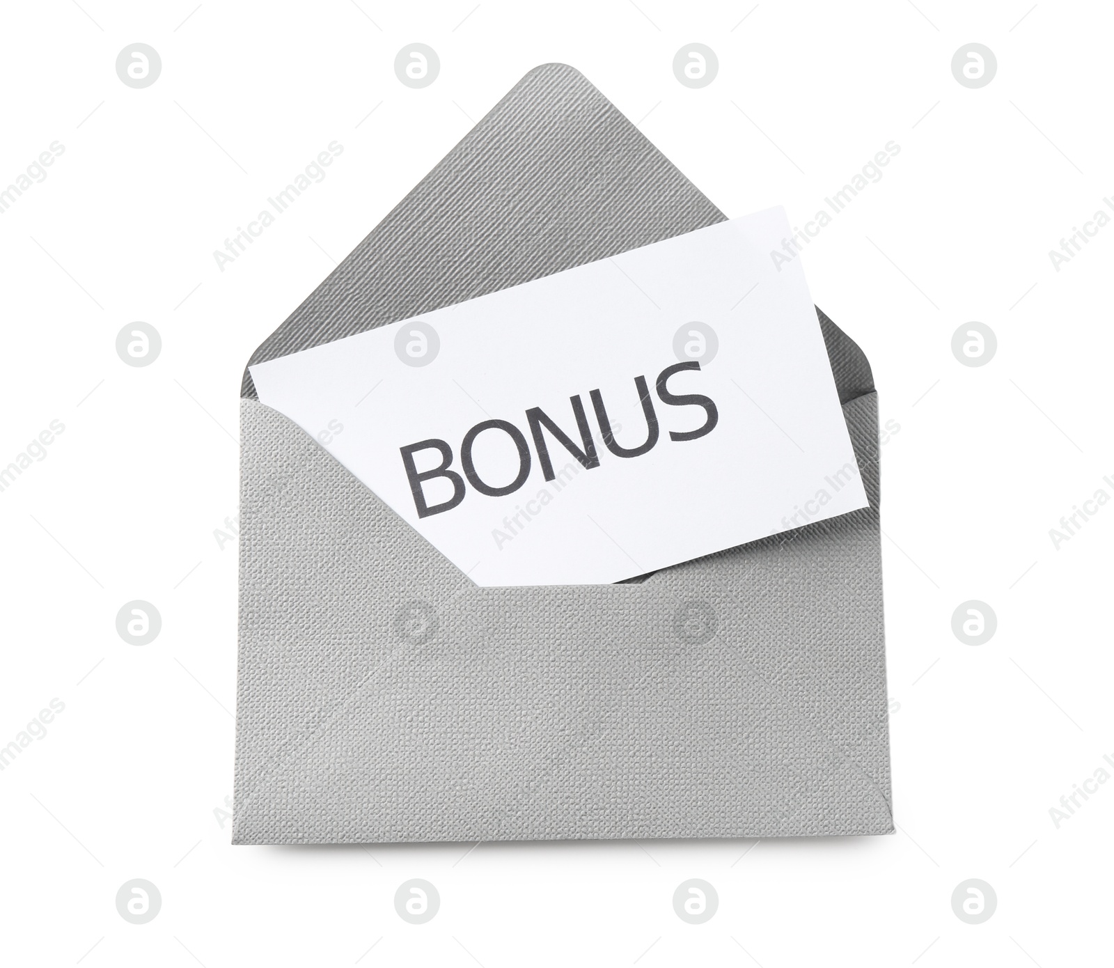 Envelope with word Bonus isolated on white, top view Photo of Envelope with word Bonus isolated on white, top view