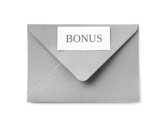 Photo of Envelope with word Bonus isolated on white, top view