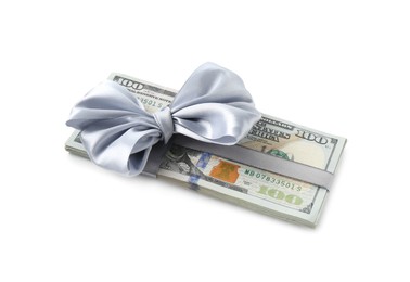 Photo of Money bonus. Dollar banknotes with bow isolated on white